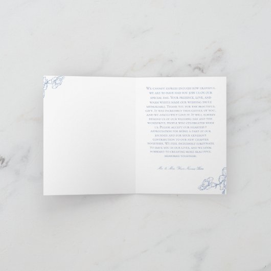 Elegante blauwe Chinoiserie Bird & Crest bruiloft  Bedankkaart (Binnen)