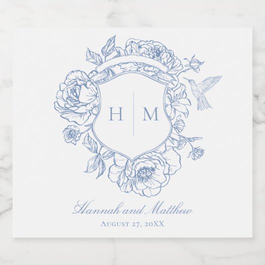 Elegante blauwe Chinoiserie Bird Crest bruiloft Sparkling Wijnetiket (Enkel label)