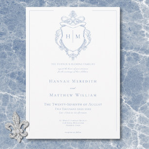 Elegante Blauwe Chinoiserie Bird & Crest Wedding Kaart