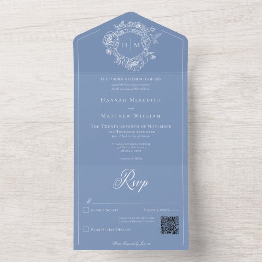 Elegante blauwe Chinoiserie Bird Crest Wedding QR All In One Uitnodiging (Binnen)