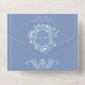 Elegante blauwe Chinoiserie Bird Crest Wedding QR All In One Uitnodiging (Achterkant)