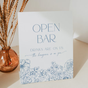 Elegante Blauwe Chinoiserie Bloemen Open Bar Cockt Reclamebord Met Voetstuk