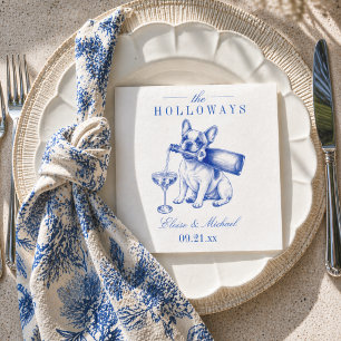 Elegante blauwe chinoiserie Franse Bulldog huwelij Servet