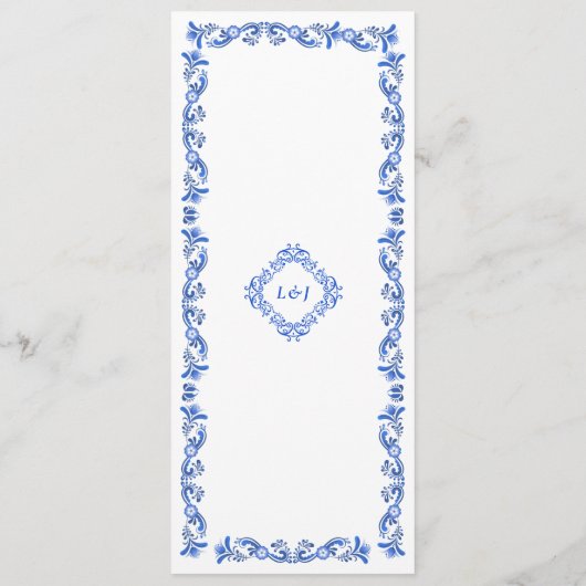 Elegante Blauwe chinoiserie Script Wedding Menu (Achterkant)