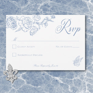 Elegante blauwe chinoiserie vogel en familiewapen RSVP kaartje
