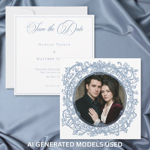 Elegante Blauwe Crest Tuin Foto Bruiloft Vintage Save The Date