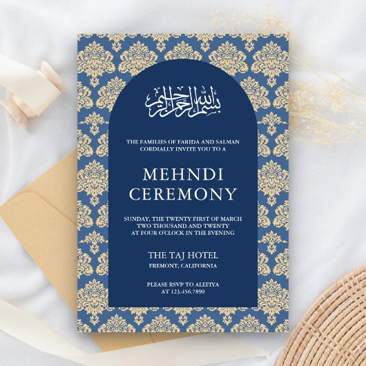 Elegante blauwe Damask Arch Islamitische Mehndi Ce Informatiekaartje