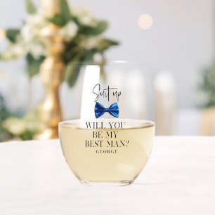Elegante blauwe das cadeau voor de getuige van de  wijnglas zonder voet