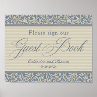 Elegante blauwe en beige bruiloftsgastboek signage poster