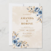 Elegante Blauwe en Bruine Bloemen Huwelijksuitnodi Kaart (Voorkant)