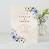 Elegante Blauwe en Bruine Bloemen Huwelijksuitnodi Kaart (Staand voorkant)