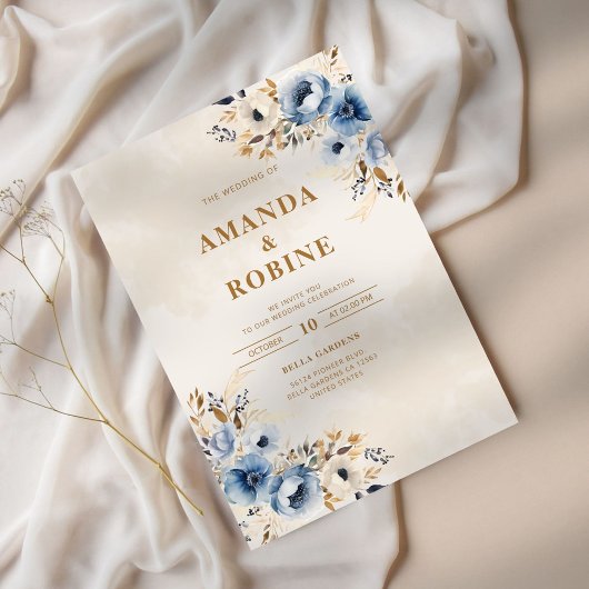 Elegante Blauwe en Bruine Bloemen Huwelijksuitnodi Kaart