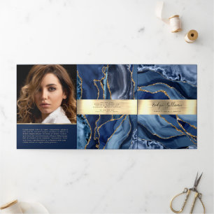 Elegante Blauwe en Gouden Agaat Trifold Brochure Drieluik Kaart
