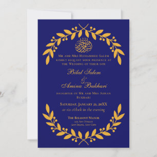 Elegante Blauwe en Gouden Blad Islamitische Huweli Kaart