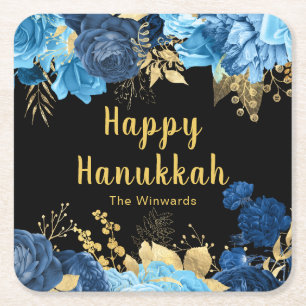 Elegante Blauwe en Gouden Bloemen Hanukkah Feest Vierkante Kartonnen Onderzetter