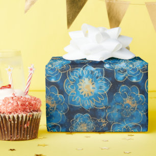 Elegante Blauwe en Gouden Bloemen - Stijlvolle Bot Cadeaupapier