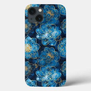 Elegante Blauwe en Gouden Bloemen - Stijlvolle Bot iPhone 13 Hoesje