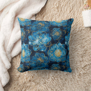 Elegante Blauwe en Gouden Bloemen - Stijlvolle Bot Kussen