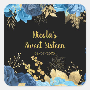 Elegante Blauwe en Gouden Bloemen Sweet Sixteen Vierkante Sticker