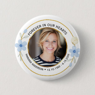 Elegante blauwe en gouden bloemige herdenkingsfoto ronde button 5,7 cm