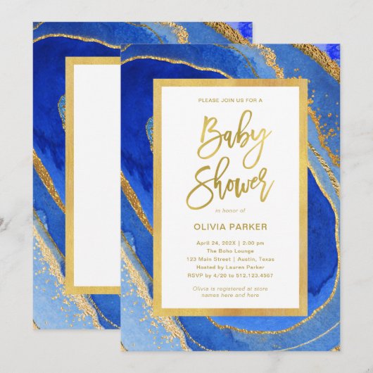 Elegante blauwe en gouden geode | Baby Shower Kaart (Voorkant / Achterkant)