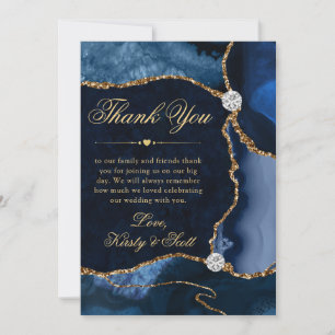 Elegante Blauwe en Gouden Glitter Agate Huwelijk Bedankkaart