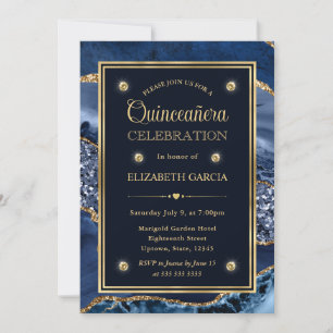Elegante Blauwe en Gouden Glitter Agate Quinceaner Kaart