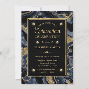 Elegante Blauwe en Gouden Glitter Agate Quinceaner Kaart