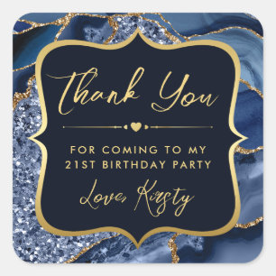 Elegante Blauwe en Gouden Glitter Agate Verjaardag Vierkante Sticker