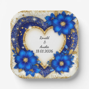 Elegante Blauwe en Gouden Hartvormige Lijst Papieren Bordje