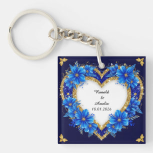 Elegante Blauwe en Gouden Hartvormige Lijst Sleutelhanger