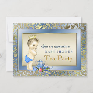 Elegante Blauwe en Gouden Jongens Theepartij Baby  Kaart