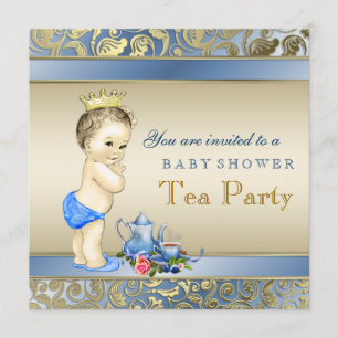 Elegante Blauwe en Gouden Jongens Theepartij Baby  Kaart