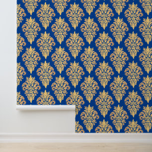 Elegante Blauwe en Gouden Klassieke Damast Behang