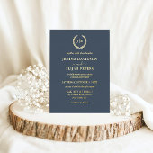 Elegante Blauwe en Gouden Krans Monogram Bruiloft Folie Uitnodiging