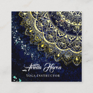 Elegante blauwe en gouden Mandala Art Yoga Instruc Vierkante Visitekaartje