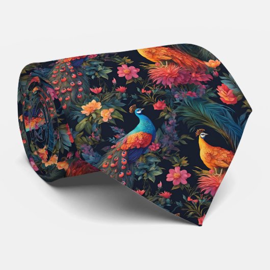 Elegante Blauwe en Gouden Peacocks in Kleurrijke T Stropdas (Opgerold)