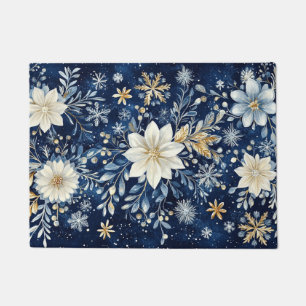 Elegante Blauwe en Gouden Poinsettia Kerst- Deurmat