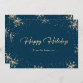 Elegante Blauwe en Gouden Sneeuwvlok Kerstkaart (Voorkant / Achterkant)