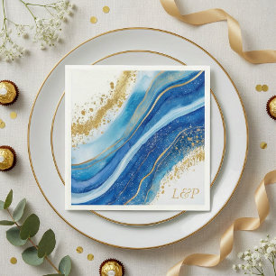 Elegante blauwe en gouden waterverf monogram serve servet