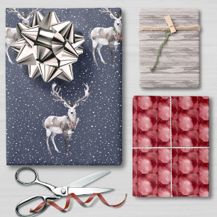 Elegante Blauwe en Grijze Sneeuw Rendier Kerstmis Inpakpapier Vel