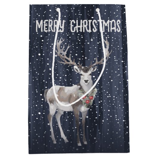 Elegante Blauwe en Grijze Sneeuw Rendier Kerstmis Medium Cadeauzakje (Voorkant)