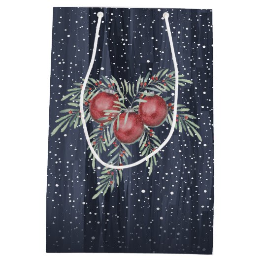Elegante Blauwe en Grijze Sneeuw Rendier Kerstmis Medium Cadeauzakje (Achterkant)