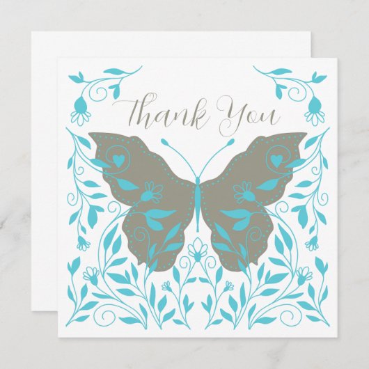 Elegante blauwe en grijze vlinder Dank u Notitiekaartje (Voorkant / Achterkant)
