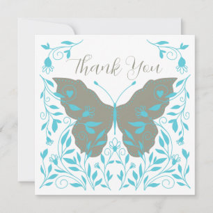 Elegante blauwe en grijze vlinder Dank u Notitiekaartje