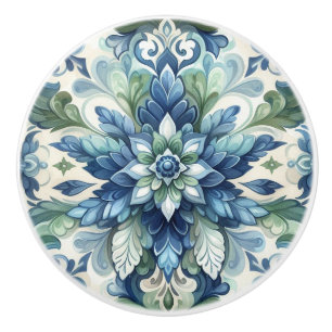 Elegante Blauwe en Groene Bloemen Ornament Bloeien Keramische Knop