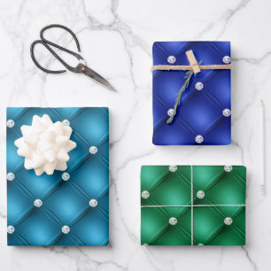 Elegante blauwe en groene diamant gestikte patrone inpakpapier vel