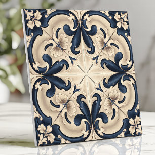 Elegante Blauwe en Ivoren Barok Tegeltje