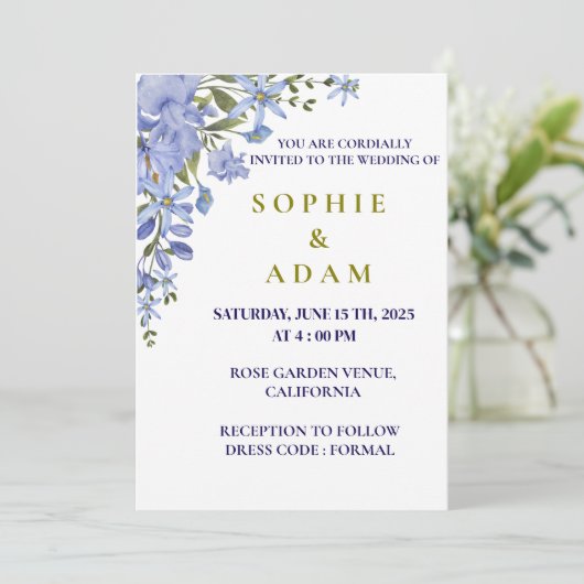 Elegante blauwe en olijfgroene bruiloft uitnodigin kaart (Staand voorkant)