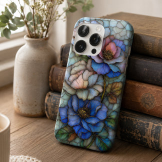 Elegante Blauwe en Paarse Glas-in-Lood Bloemen iPhone 16 Pro Hoesje